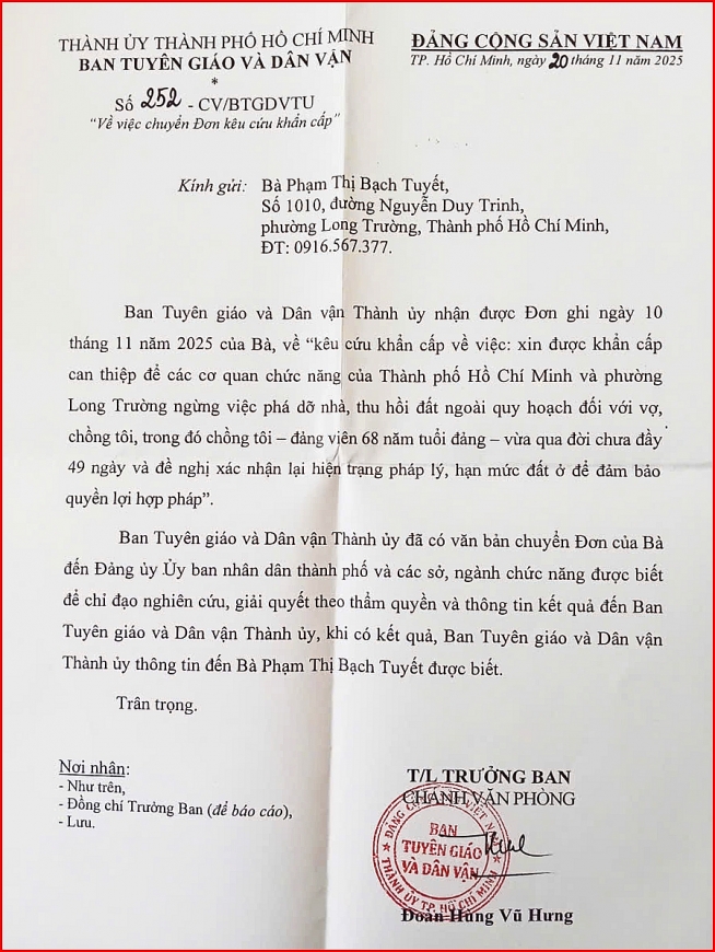 Nhiều cơ quan Trung ương và Thành phố vào cuộc giải quyết đơn của cụ Phạm Thị Bạch Tuyết