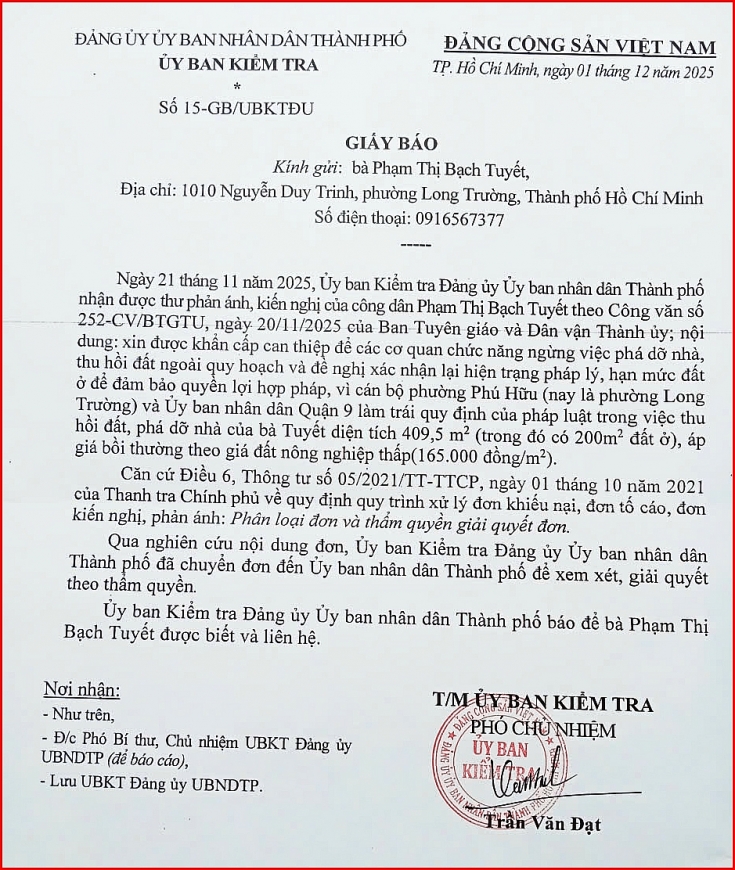Nhiều cơ quan Trung ương và Thành phố vào cuộc giải quyết đơn của cụ Phạm Thị Bạch Tuyết