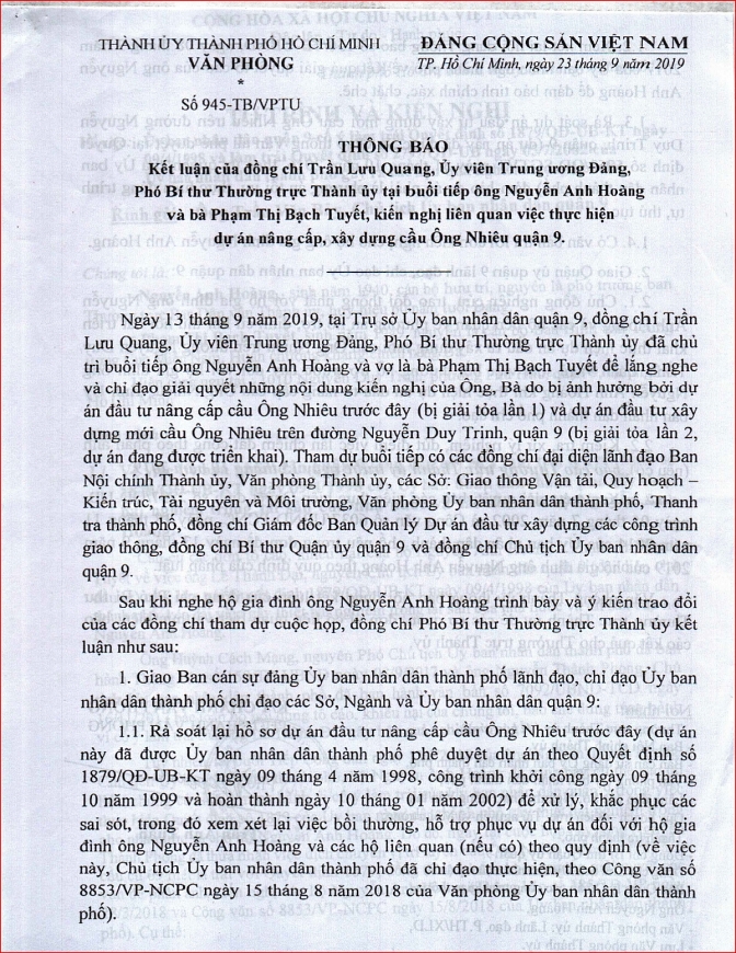 Nhiều cơ quan Trung ương và Thành phố vào cuộc giải quyết đơn của cụ Phạm Thị Bạch Tuyết
