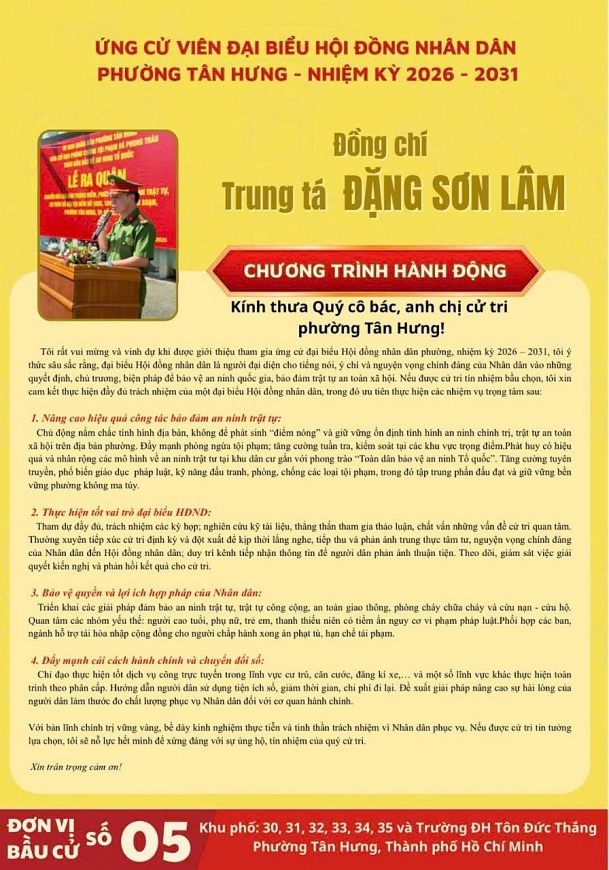 Ông Đặng Sơn Lâm, Trưởng Công an phường Tân Hưng, TP. Hồ Chí Minh sẽ nỗ lực hết mình để xứng đáng với niềm tin của cử tri, góp phần xây dựng phường Tân Hưng ngày càng an toàn, kỷ cương, phát triển và phục vụ Nhân dân ngày một tốt hơn