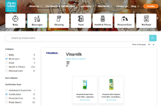 Vinamilk Green Farm & Vinamilk 100% Organic là hai sản phẩm sữa tươi đầu tiên trên thế giới đạt được chứng nhận của tổ chức Clean Label Project từ Mỹ