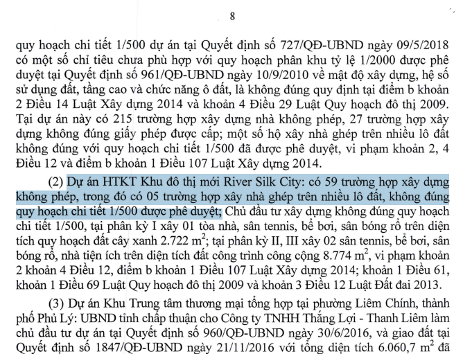 Kết luận thanh tra chỉ rõ 59 trường hợp xây dựng không phép tại dự án Khu đô thị mới River Silk City