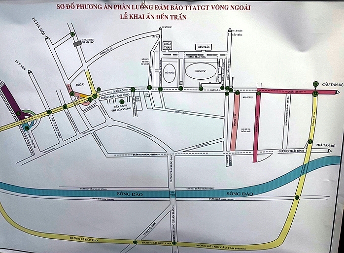 Sơ đồ phân luồng làn đường giao thông di chuyển trong thời gian diễn ra lễ hội.