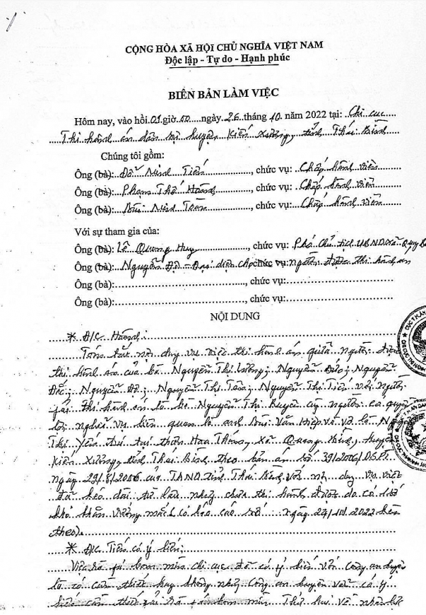 Biên bản làm việc giữa Chi cục THADS huyện Kiến Xương với cụ Nguyễn Độ.