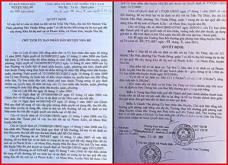Các quyết định giao đất tái định cư của UBND huyện Nhà Bè cho hộ gia đình bà Trần Thị Thuý.