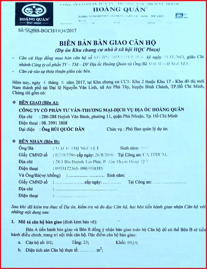 Biên bản bàn giao căn hộ  ngày 4/8/2017.