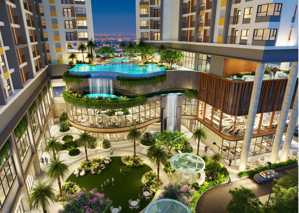 Thiết kế hồ bơi vô cực giật cấp là một trong những tiện ích ấn tượng tại 9X An Sương. Phối cảnh: Hưng Thịnh Land