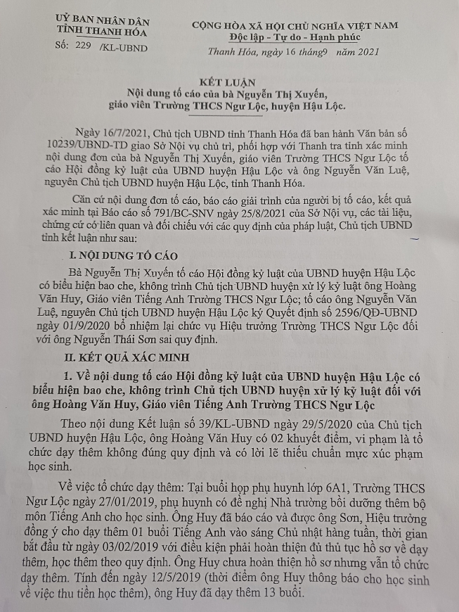 Kết luận số: 229/KL-UBND ngày 16/9/2021 của UBND tỉnh Thanh Hóa về nội dung đơn thư tố cáo của bà Nguyễn Thị Xuyến