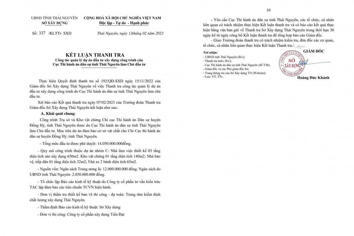 Kết luận số 337/KLTTr-SXD của Sở Xây dựng Thái Nguyên