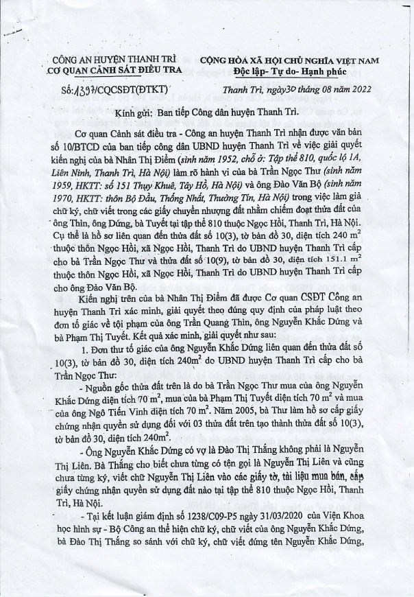 . Công văn số 1397/CQCSĐT (ĐTKT) của Công an huyện Thanh Trì gửi Ban Tiếp Công dân huyện Thanh Trì cho thấy, có hành vi giả mạo chữ kí của nhiều người dân tại Khu tập thể 810.