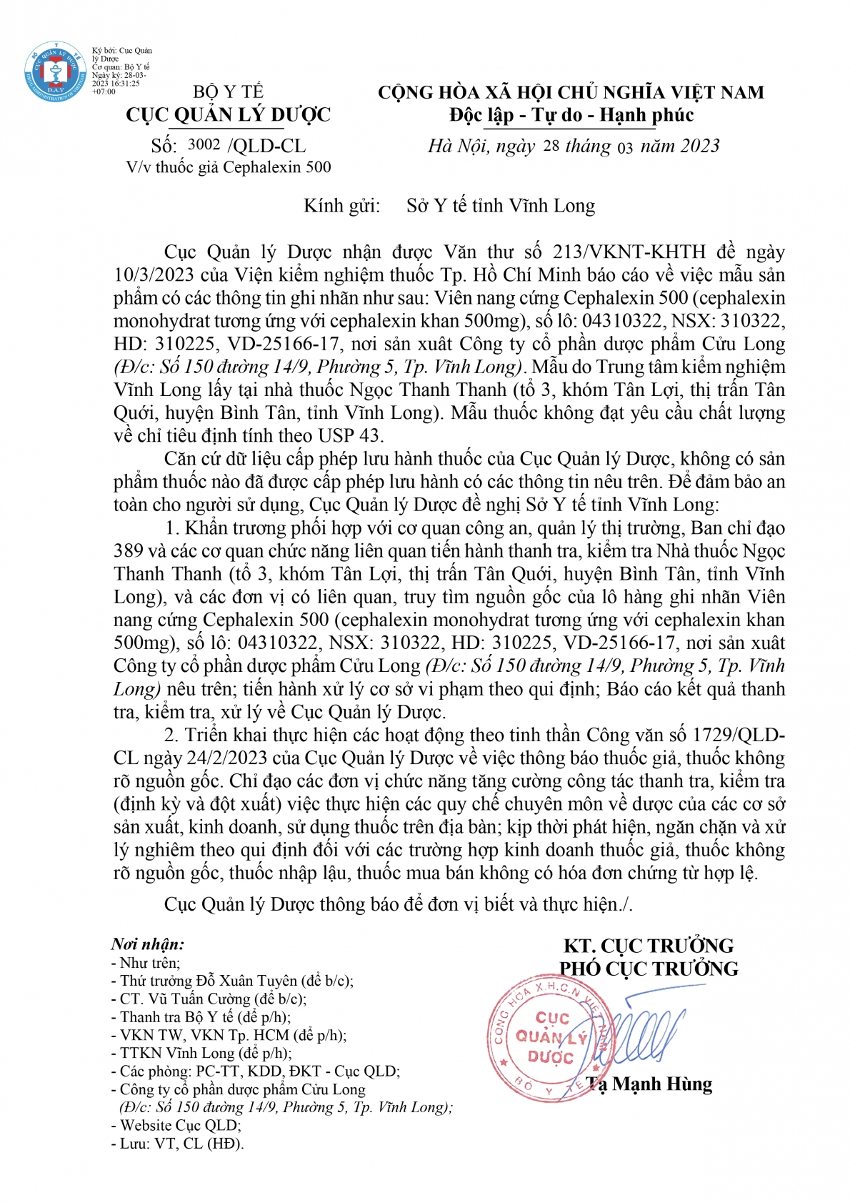 Bộ Y tế cảnh báo thuốc giả Cephalexin 500