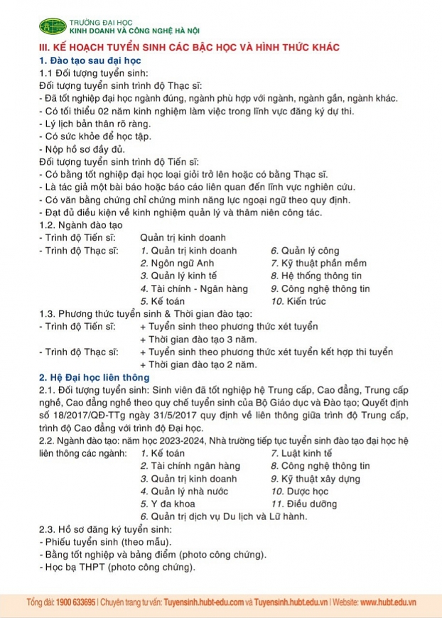 Năm 2023, Trường Đại học KD&CN Hà Nội dự kiến tuyển sinh hơn 7000 sinh viên hệ chính quy