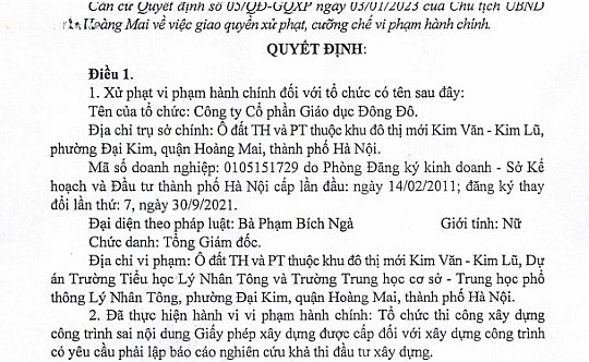 Xử phạt Công ty Đông Đô - chủ đầu tư dự án xây dựng Trường Tiểu học và THCS, THPT Lý Nhân Tông