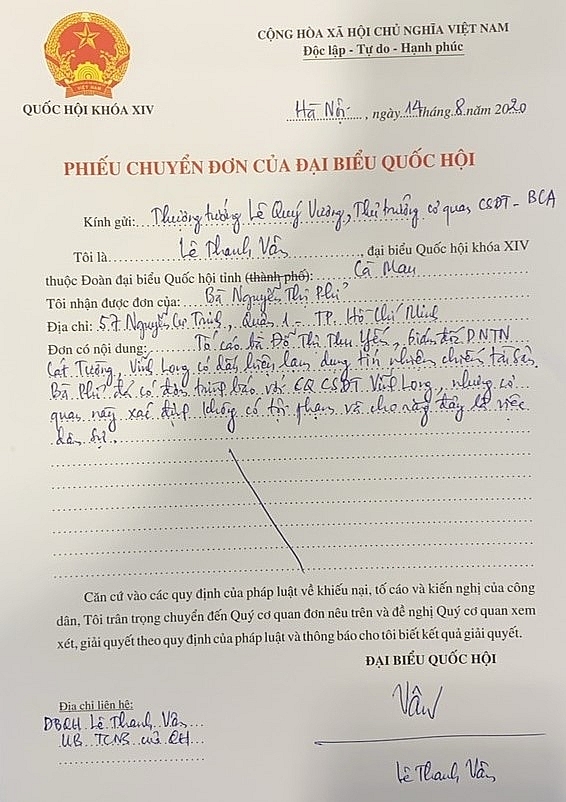 Đại biểu Quốc hội Lê Thanh Vân chuyển đơn của bà Phỉ đến Thứ trưởng Bộ Công an 