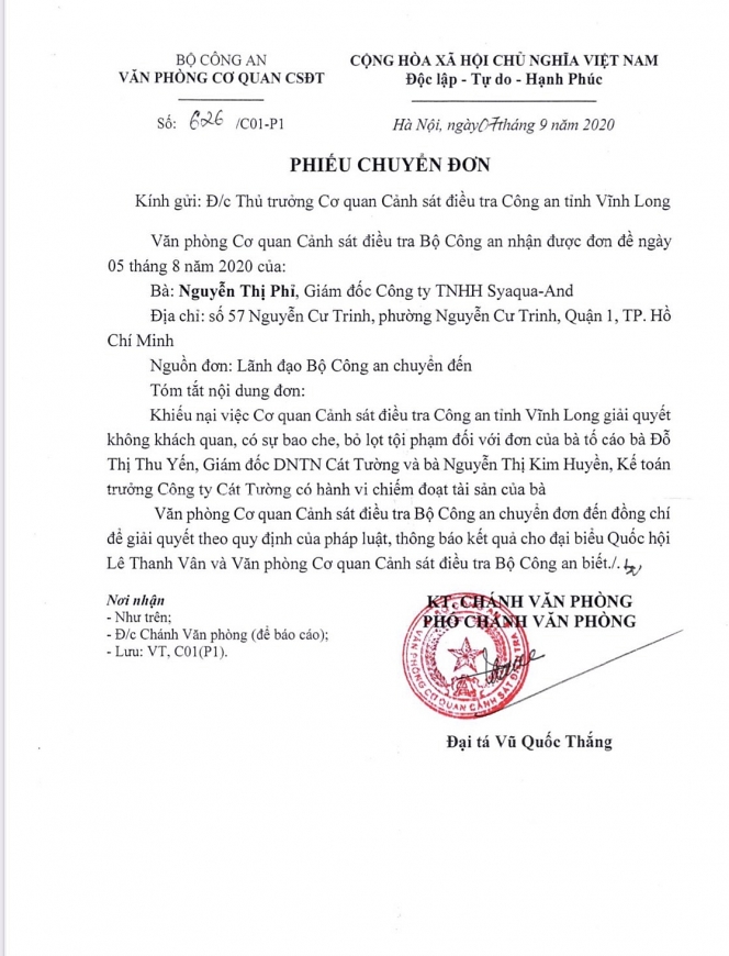 Phiïëu chuyïín àún” söë 626/C01-P1 ngaây 7/9/2020 cuãa Vùn phoâng Cú quan CSÀT, Böå Cöng an.