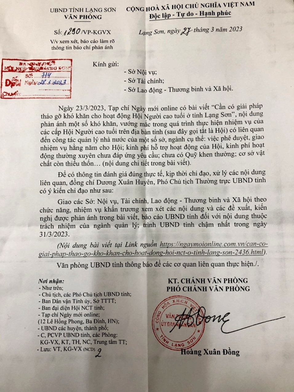 UBND tỉnh Lạng Sơn chỉ đạo tháo gỡ khó khăn, bất cập trong hoạt động của Hội NCT tỉnh