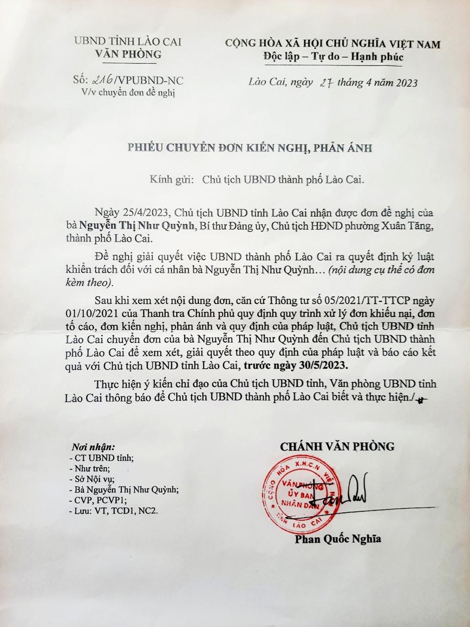 Ngày 27/4/2023, Văn phòng UBND tỉnh Lào Cai có Phiếu chuyển số 216/VPUBND-NC 