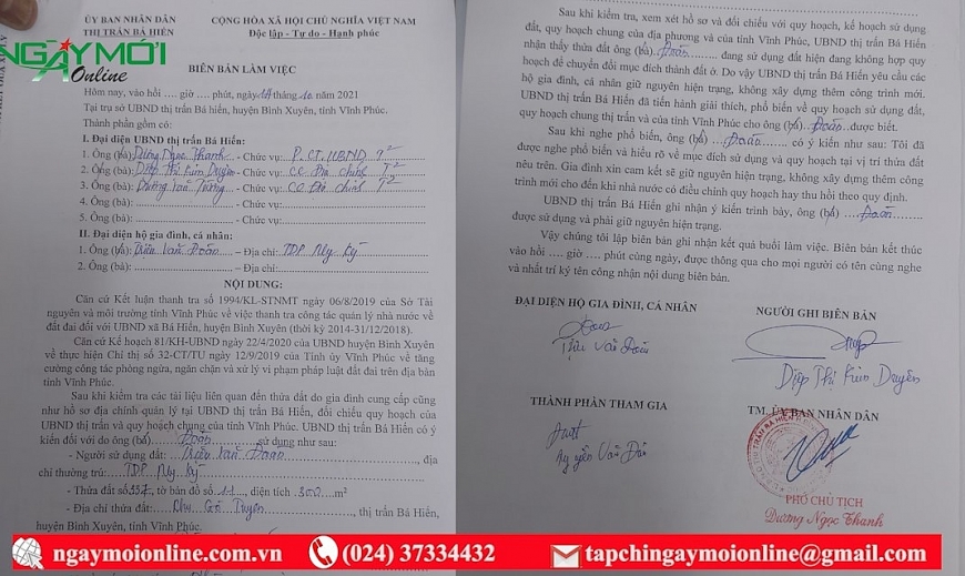 Biên bản làm việc ngày 14/10/2021 của UBND thị trấn Bá Hiến đối với những sai phạm của gia đình bà Diệp Thị Kim Duyên.