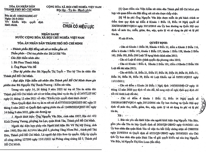 Bản án số 1686/2022/HC-ST ngày 26/9/2022 của TAND TP Hồ Chí Minh.