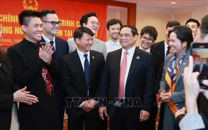 Thủ tướng Phạm Minh Chính với cộng đồng người Việt Nam tại Nhật Bản. Ảnh: Dương Giang/TTXVN