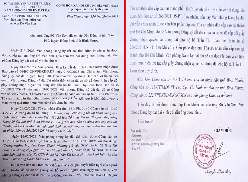 Văn bản số 557/VPĐKĐĐ-ĐK&CGCN ngày 15/5/2023 của Văn phòng ĐKĐĐ tỉnh Bình Phước gửi ông Đỗ Văn Sơn.