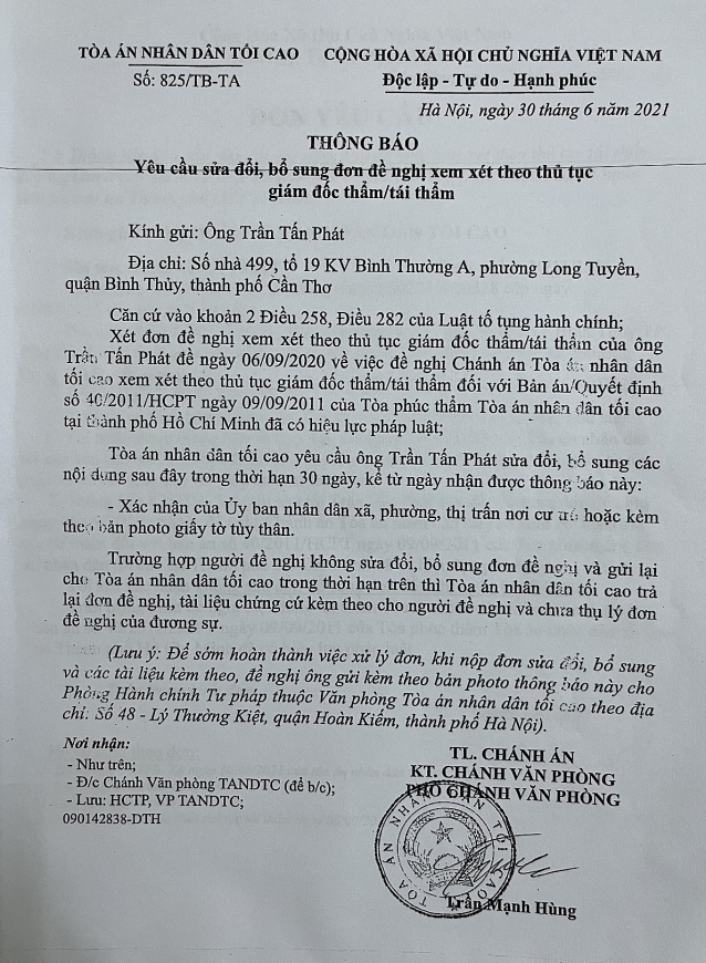 Thöng baáo söë 825/TB-TA ngaây 30/6/2021 cuãa TAND Töëi cao.