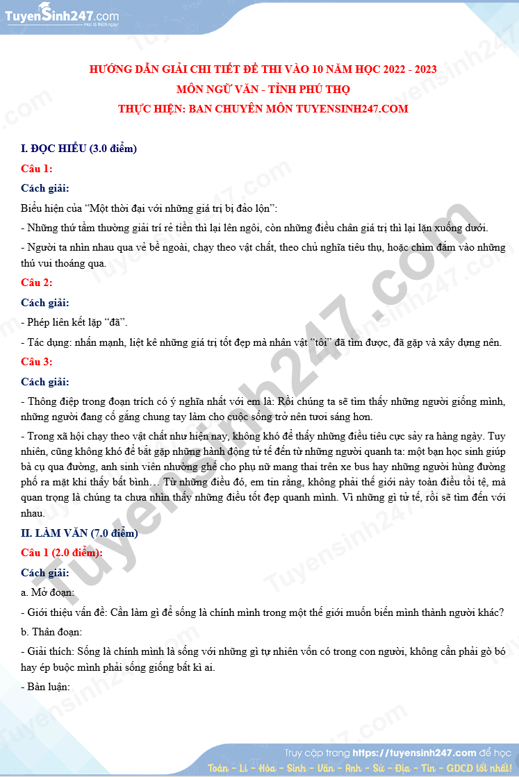 Đáp án đề thi vào lớp 10 môn Văn năm 2023 tỉnh Phú Thọ