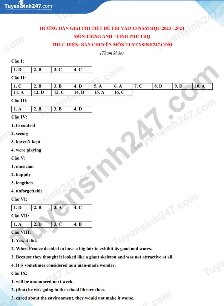Đề thi, đáp án môn Tiếng Anh vào lớp 10 tỉnh Phú Thọ năm 2023