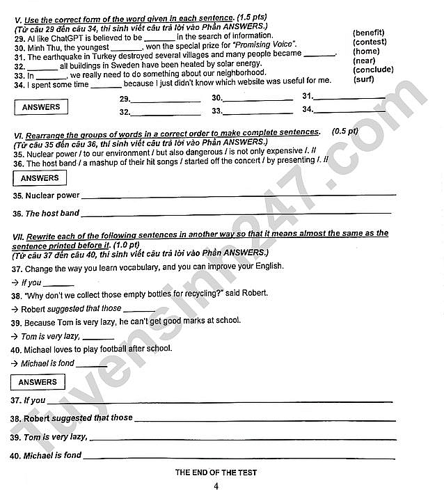 Đề thi, đáp án môn tiếng Anh vào lớp 10 TP.HCM năm 2023