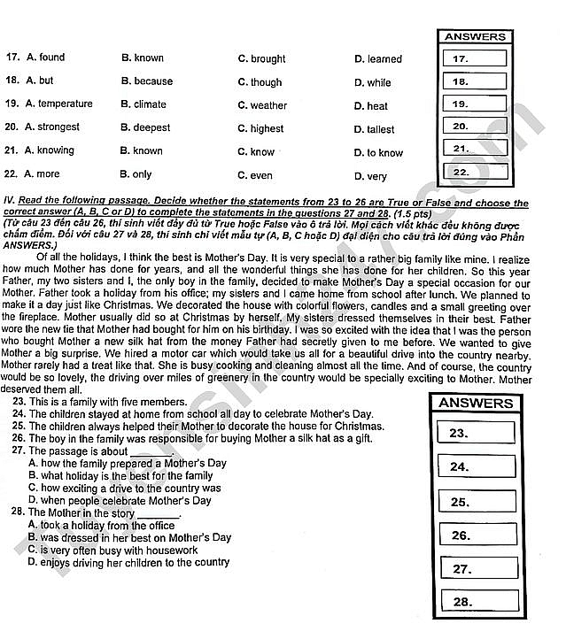 Đề thi, đáp án môn tiếng Anh vào lớp 10 TP.HCM năm 2023