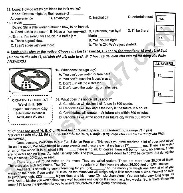 Đề thi, đáp án môn tiếng Anh vào lớp 10 TP.HCM năm 2023