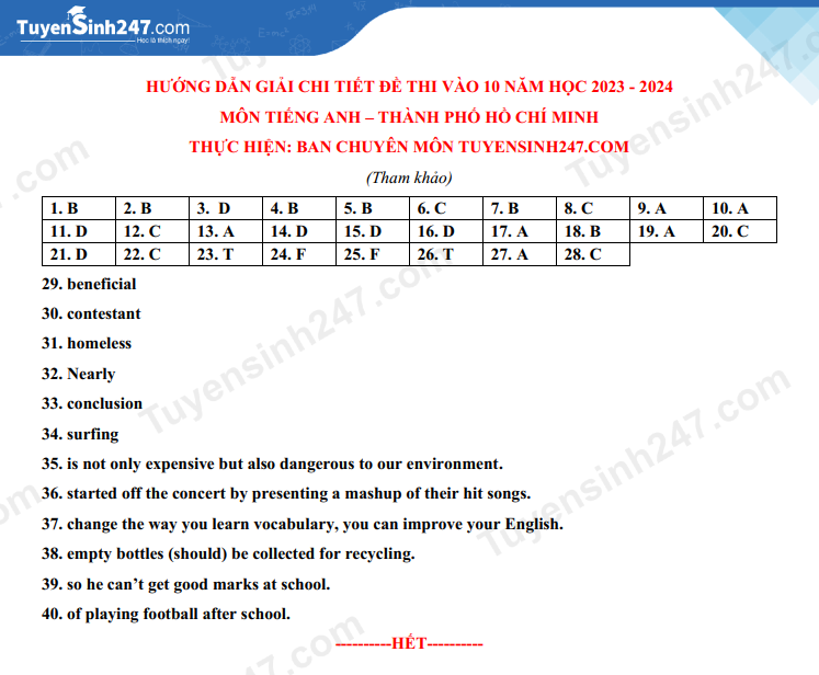 Đề thi, đáp án môn tiếng Anh vào lớp 10 TP.HCM năm 2023