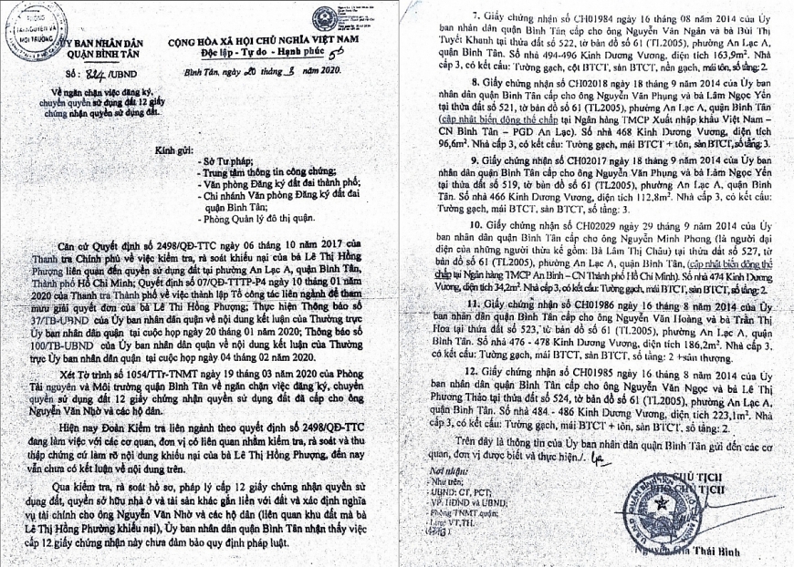 Văn bản số 824/UBND ngày 20/3/2020, “Về ngăn chặn việc đăng ký, chuyển QSDĐ 12 giấy chứng nhận QSDĐ”, của UBND quận Bình Tân
