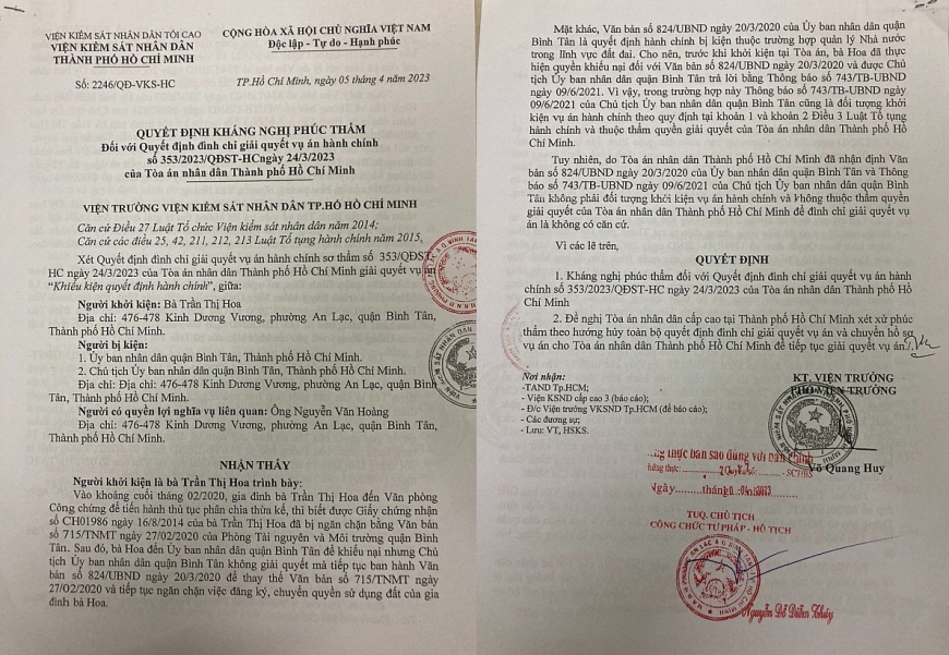 Quyết định kháng nghị phúc thẩm số 2246/QĐ-VKS-HC ngày 5/4/2023 của Viện trưởng VKSND TP. Hồ Chí Minh, “đối với Quyết định đình chỉ giải quyết vụ án hành chính số 353/2023/QĐST-HC ngày 24/3/2023 của TAND TP Hồ Chí Minh”