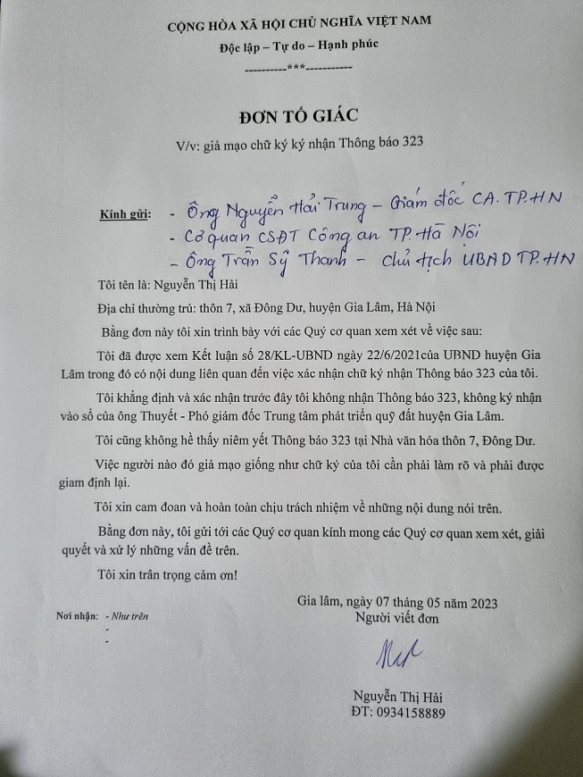  cho đến nay bà Nguyễn Thị Hải, thôn trưởng thôn 7 xã Đông Dư vẫn làm đơn gửi gd công an TP Hà Nội yêu cầu làm rõ giả mạo chữ ký, chữ viết của bà có trong sổ tay của PGĐ TT phát triển quỹ đất huyện Gia Lâm