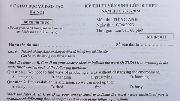 Đề thi, đáp án môn Ngoại ngữ vào lớp 10 TP. Hà Nội năm 2023