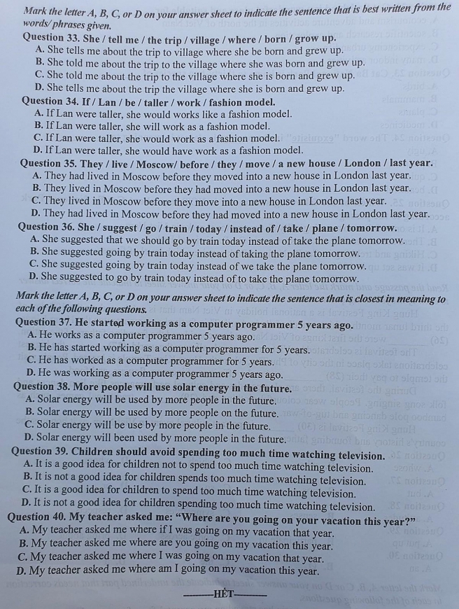 Đề thi, đáp án môn Ngoại ngữ vào lớp 10 TP. Hà Nội năm 2023