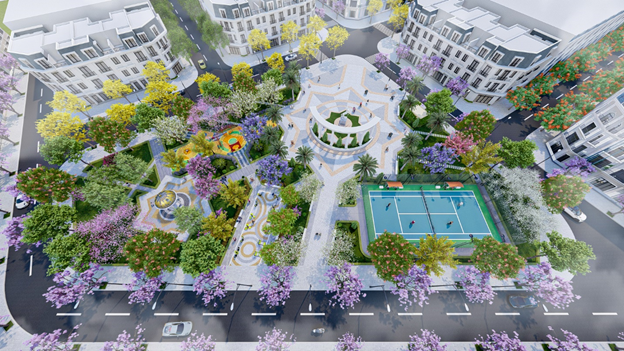 Khu công viên quảng trường với hệ thống tiện ích đầy đủ như sân tennis, bể bơi trong nhà, quảng trường phong cách Châu Âu…