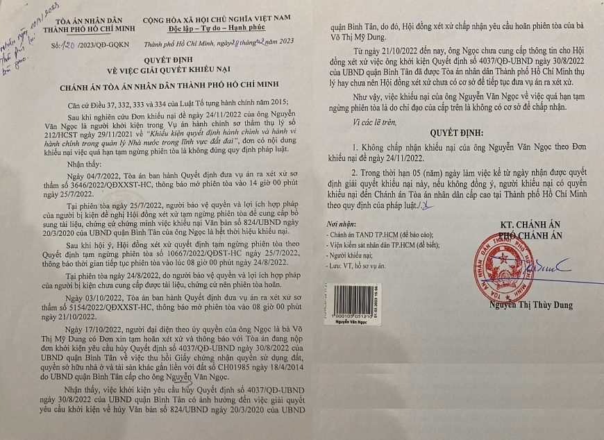 Quyết định số 120/2023/QD-GQKN, ngày 28 tháng 2 năm 2023 của Chánh án TAND Thành phố Hồ Chí Minh