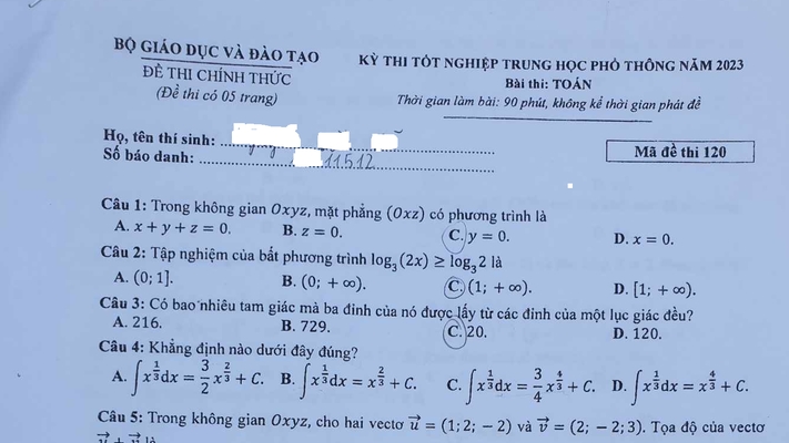 Đề thi, đáp án môn Toán thi tốt nghiệp THPT năm 2023