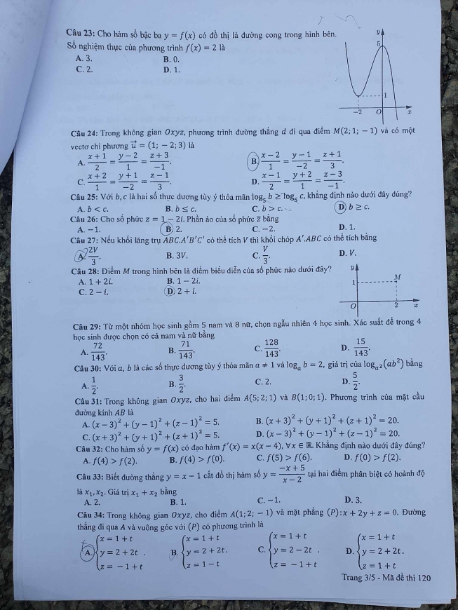 Đề thi, đáp án môn Toán thi tốt nghiệp THPT năm 2023
