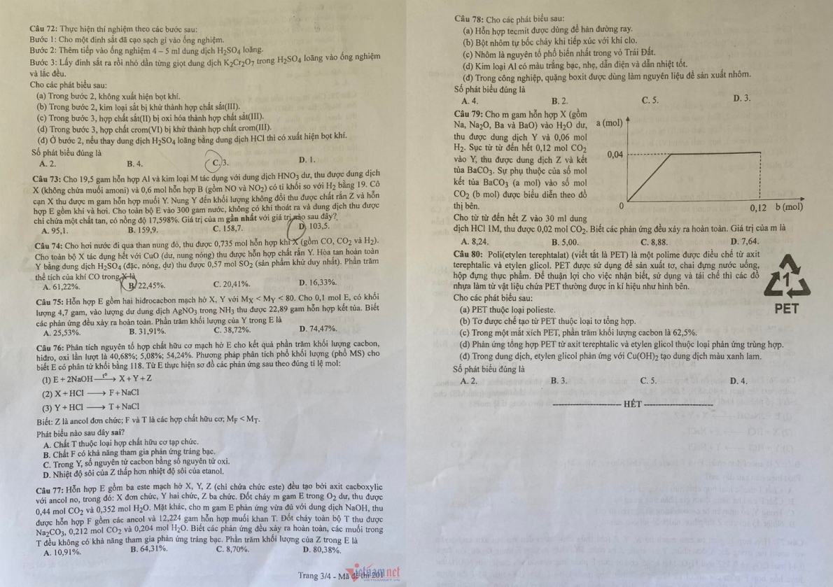 Đề thi, đáp án môn Hoá Học thi tốt nghiệp THPT năm 2023