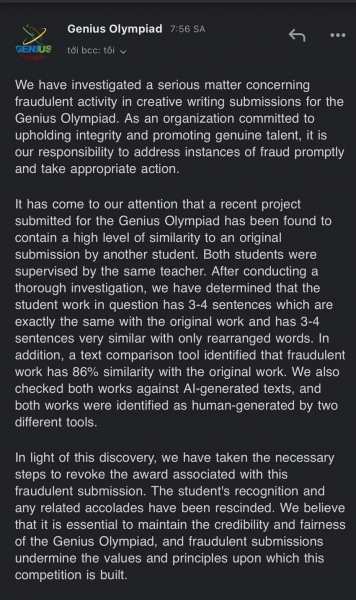 BTC Genius Olympiad hủy bỏ kết quả bài thi gian lận, thu hồi giải thưởng