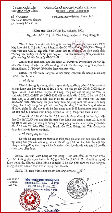 Văn bản số 157 ngày 26/8/2016 của Chủ tịch UBND thị trấn Vàm Láng Nguyễn Thị Thu