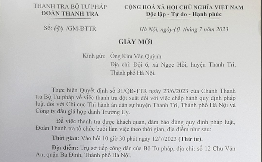 Thanh tra đột xuất Chi cục THADS huyện Thanh Trì và Công ty Đấu giá hợp danh Trường Uy