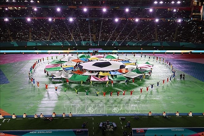 Biểu tượng chính thức của World Cup nữ 2023 được giới thiệu tại lễ khai mạc giải đấu ở Auckland, New Zealand ngày 20/7/2023. Ảnh: THX/TTXVN