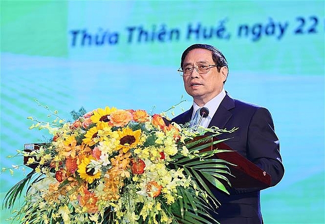 Thủ tướng Phạm Minh Chính phát biểu tại Hội nghị biểu dương người có công với cách mạng tiêu biểu toàn quốc năm 2023. Ảnh: Dương Giang/TTXVN