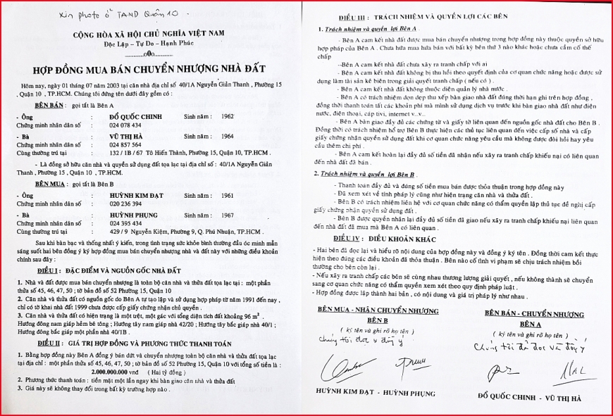 Hợp đồng mua bán chuyển nhượng nhà đất ngày 1/7/2003
