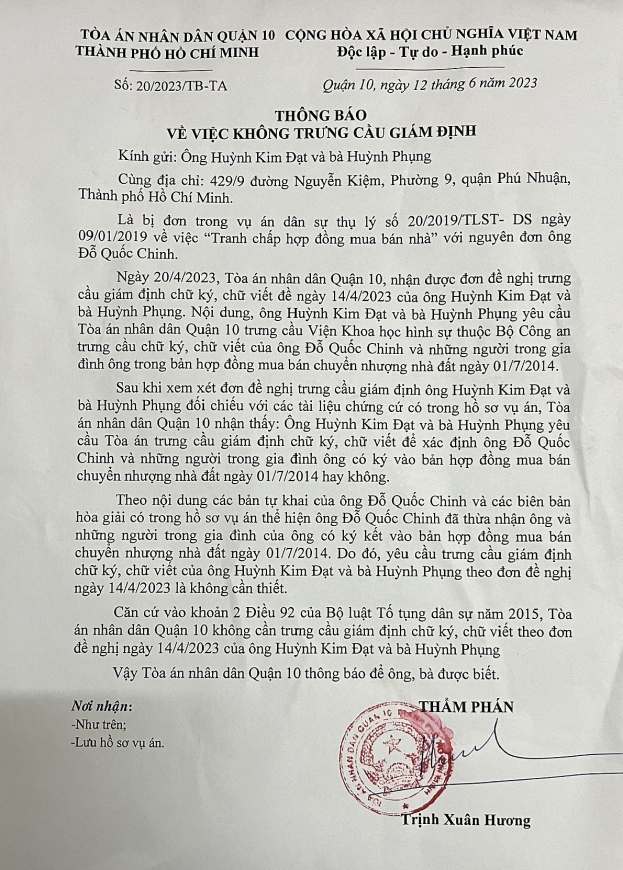 Thông báo “về việc không trưng cầu giám định”, của TAND Quân 10