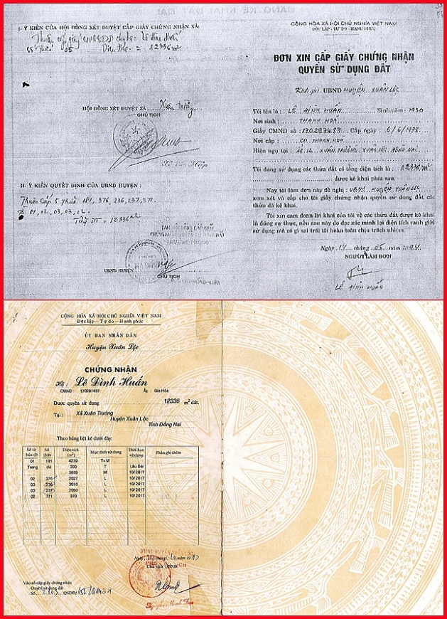 Đơn xin cấp giấy CN QSDĐ” ngày 14/5/1994 và giấy CN QSDĐ” ngày 22/10/1997 của hộ gia đình cụ Lê Đình Huấn